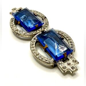Striking Art Deco Belt Buckle Rectangular Faceted Strong Blue Stones 1920-1930